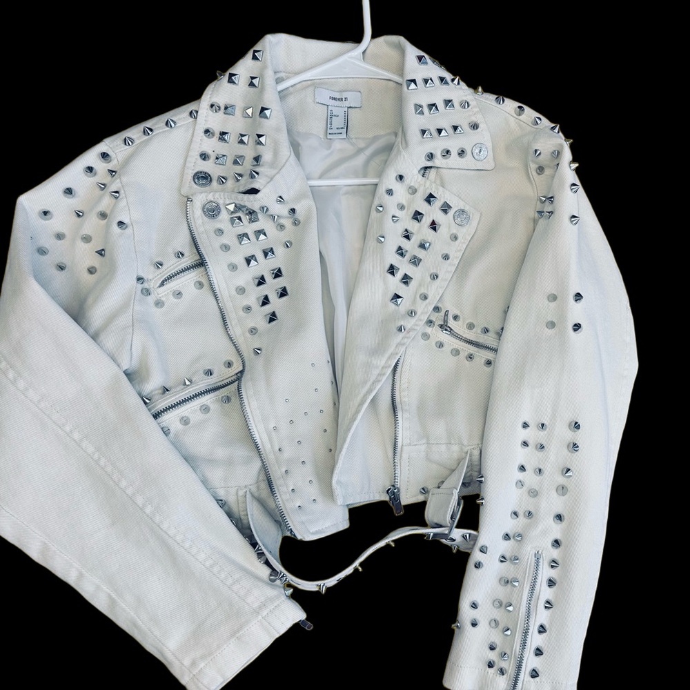 Rock n’ Roll Forever 21 White Silver Studded Jean Jacket
